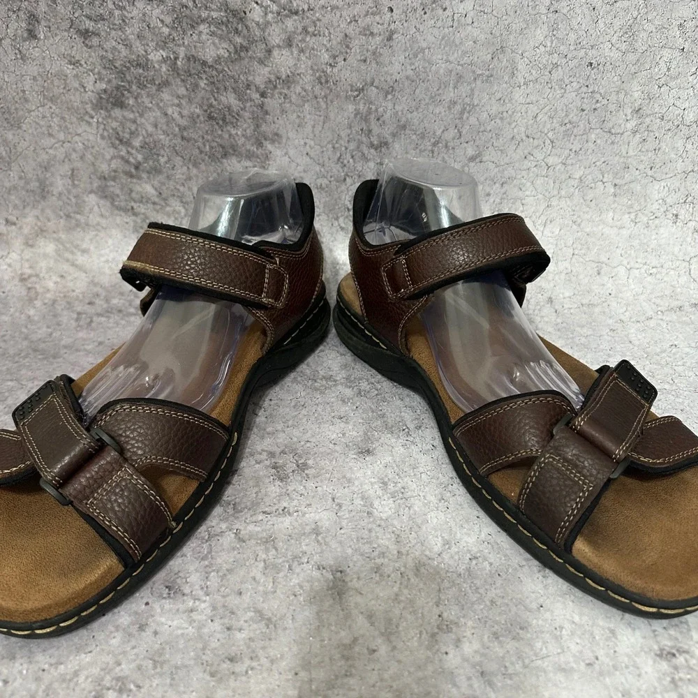 Dr Scholls Gus Sandals Mens 12 Brown Leather Comfort Adjustable Straps Gus